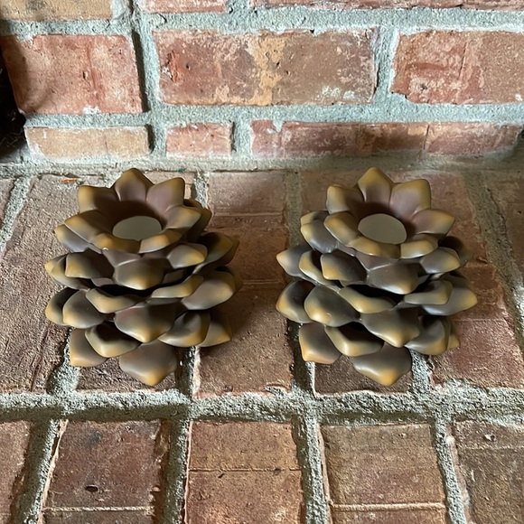 PartyLite Ceramic Pine Cone Taper Candle Holders Set of 2 - Picture 2 of 6